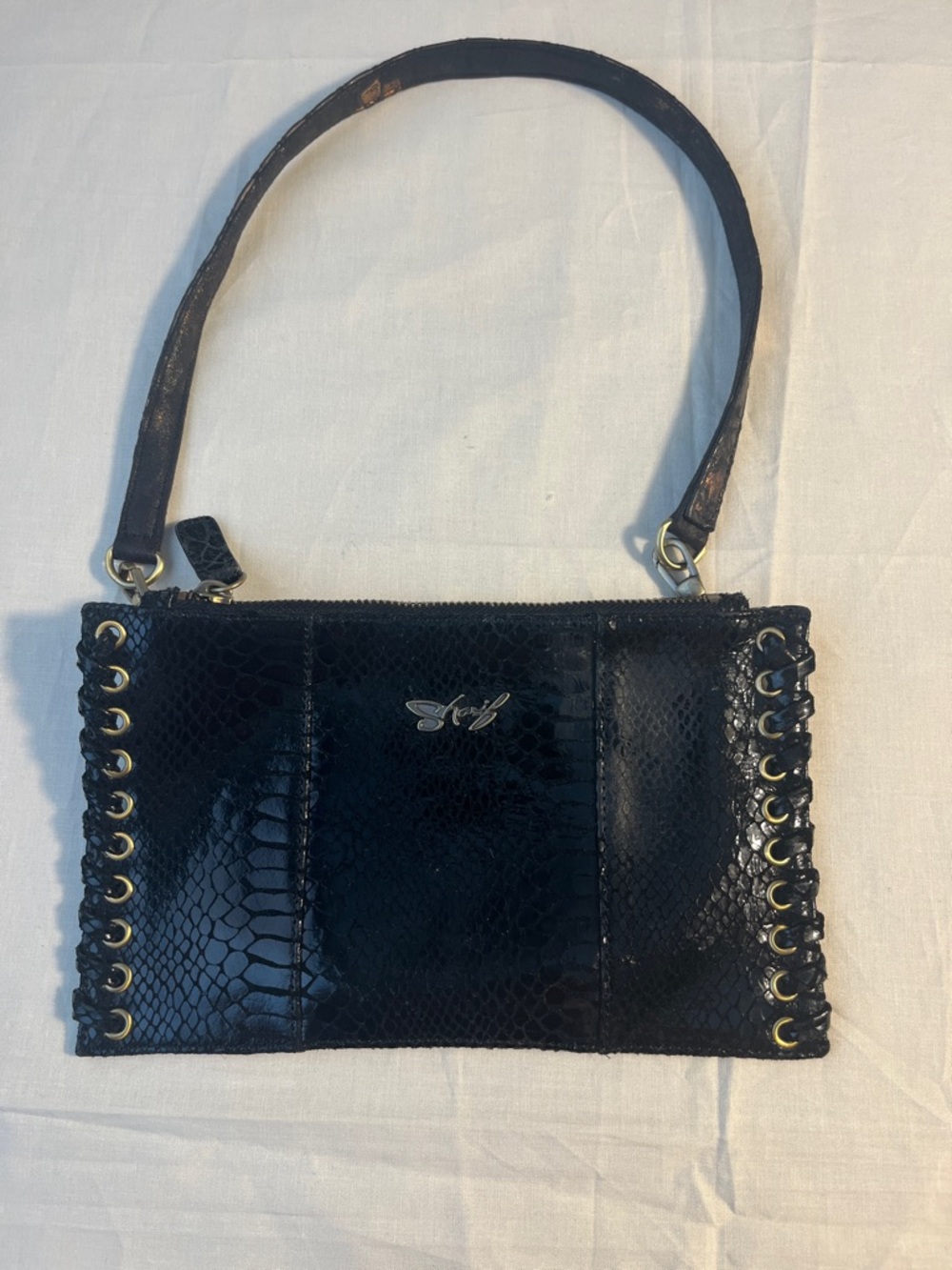 Sharif Black Faux-Snake Leather Shoulder Bag with Gold Grommet Detail